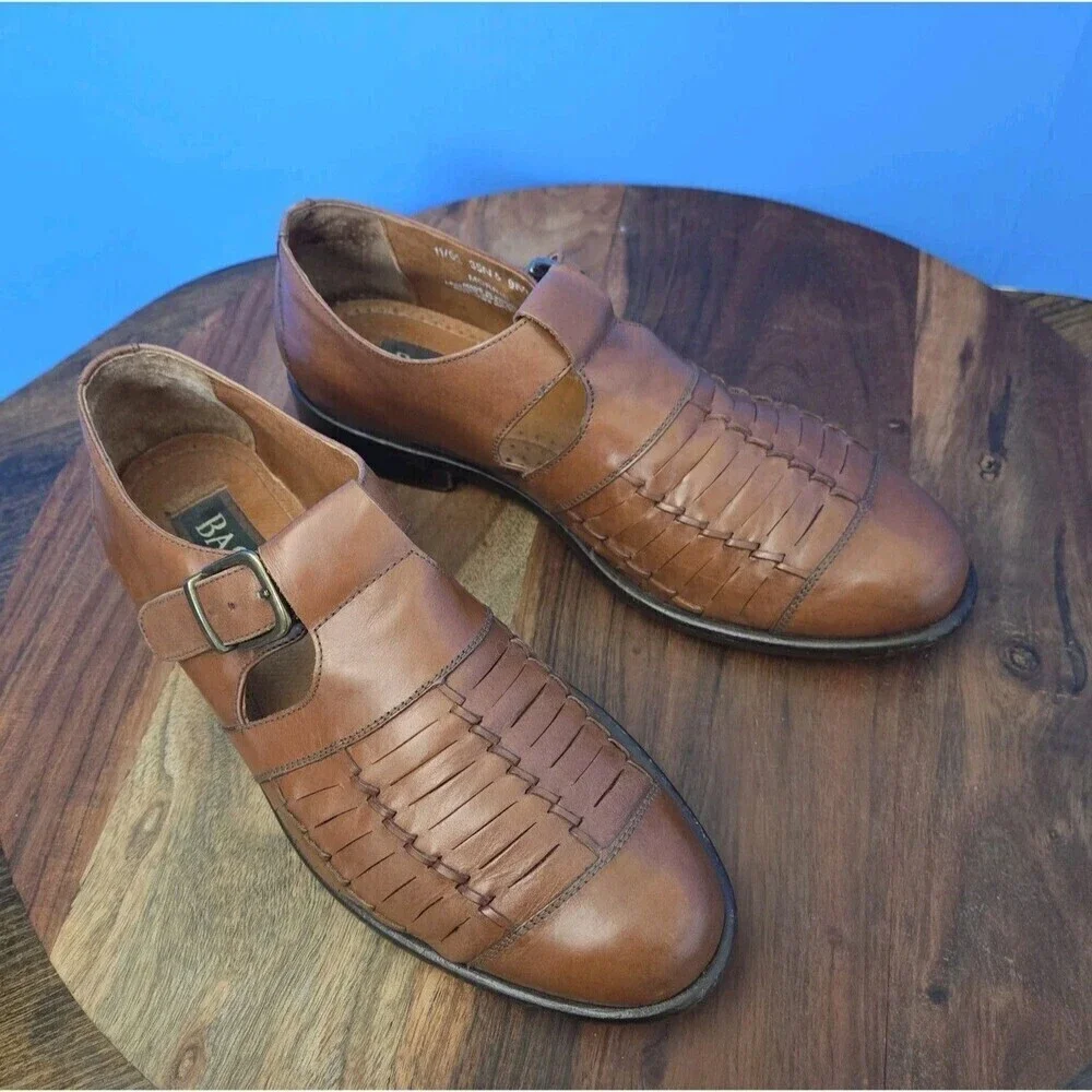Bass Morris Woven Leather Fisherman Shoes Caramel Brown Made in Brazil Men's 9